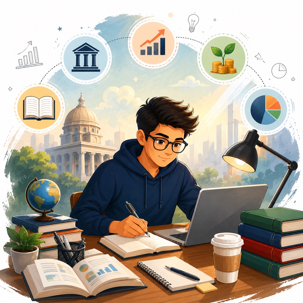 Illustration of a student preparing for RBI, NABARD, SEBI and SIDBI exams